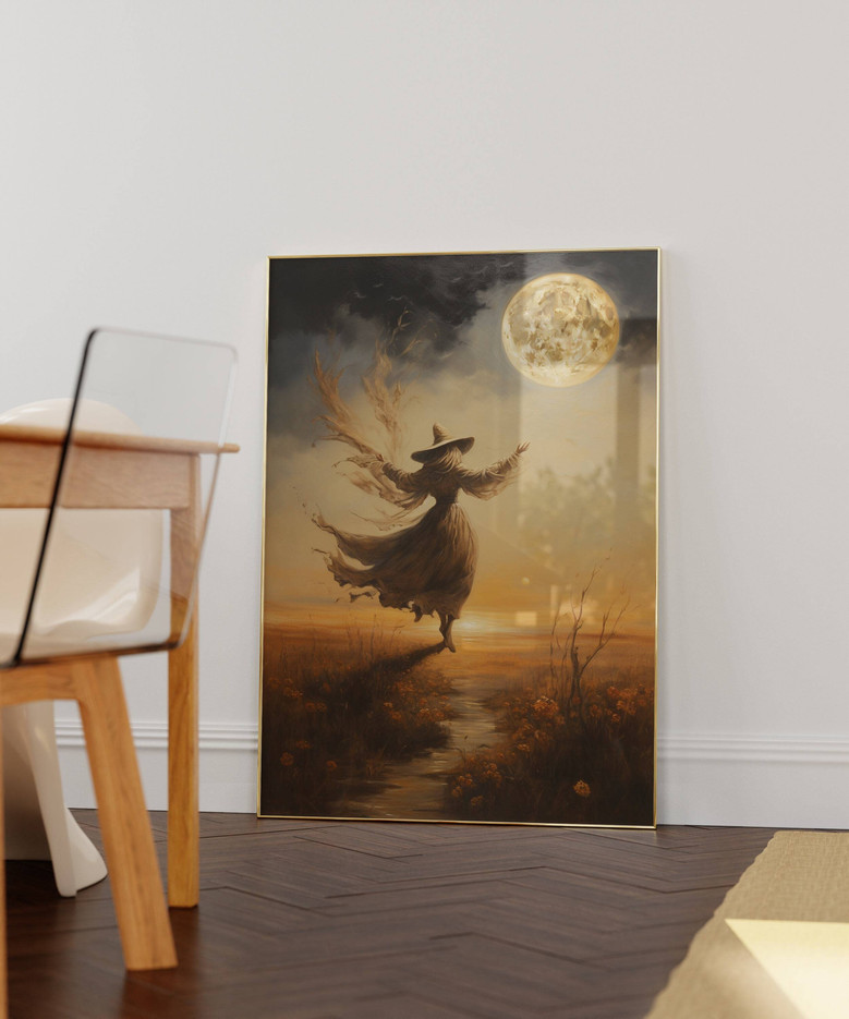 Mystical Moon Halloween Witch Canvas Art For Enchanting Home DéCor - Vintage Ethereal Design