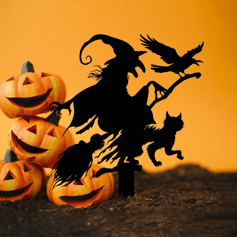 Spooky Witch With Broomstick Metal Sign For Halloween Outdoor DéCor - Cat And Crow Design For Garden
