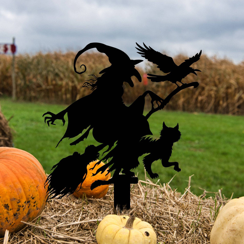 Spooky Witch With Broomstick Metal Sign For Halloween Outdoor DéCor - Cat And Crow Design For Garden