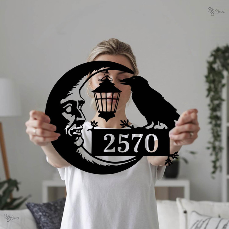 Spooky Raven And Moon Metal Address Sign For Halloween Homes