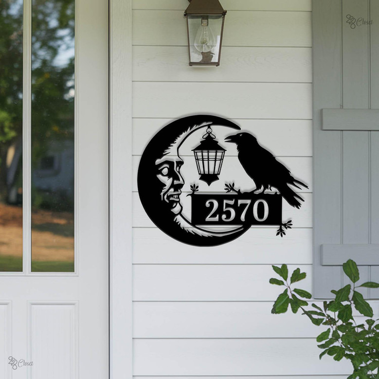 Spooky Raven And Moon Metal Address Sign For Halloween Homes