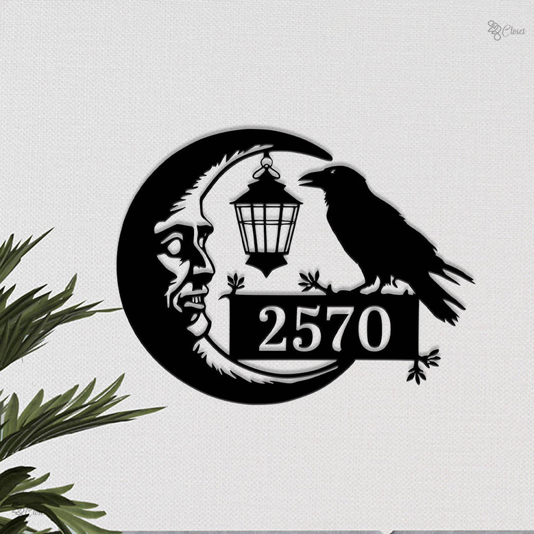 Spooky Raven And Moon Metal Address Sign For Halloween Homes