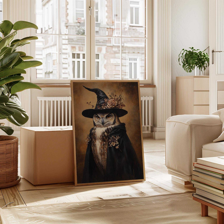 Gothic owl canvas wall art, landscape format with muted monochrome palette, vintage dark academia vibe for Halloween