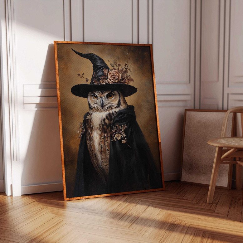 Gothic owl canvas wall art, close-up nocturnal portrait in aged print style, moody dark academia Halloween wall decor