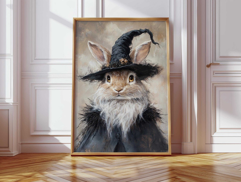 Spooky Witch Rabbit Canvas For Halloween Witches - Cottagecore Gothic Animal Portrait