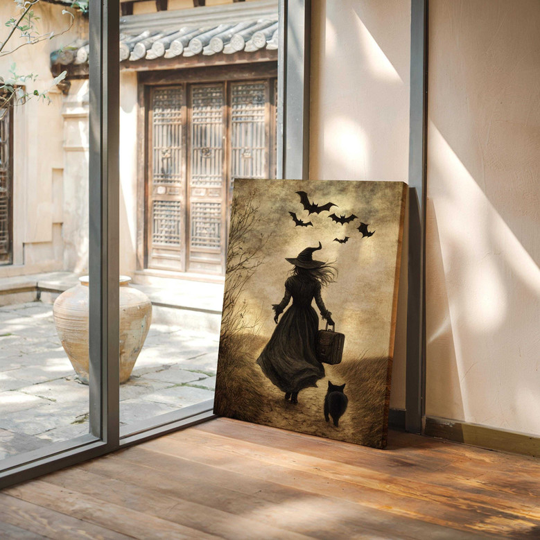 Mysterious Witch With Cat And Bats Canvas - Halloween Wall DéCor | Witchcraft-Inspired Art For Spooky Interiors