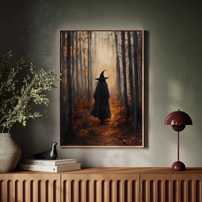 Enchanting Halloween Witches Canvas Wall Art - Dark Forest Path With Witch Hat For Gothic Fall Decor