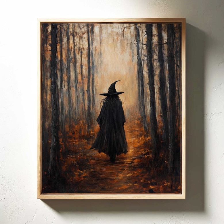 Enchanting Halloween Witches Canvas Wall Art - Dark Forest Path With Witch Hat For Gothic Fall Decor
