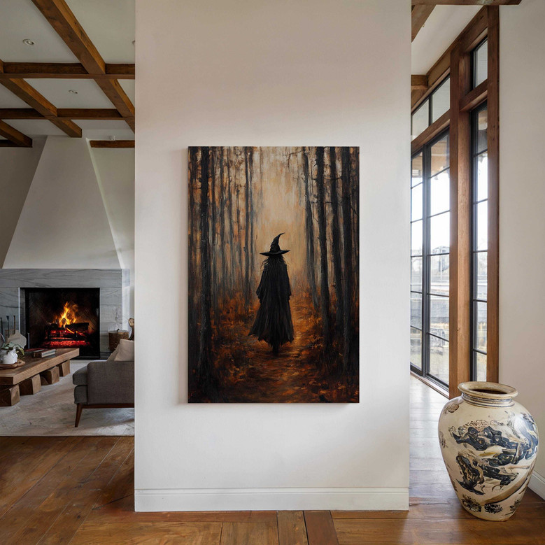 Enchanting Halloween Witches Canvas Wall Art - Dark Forest Path With Witch Hat For Gothic Fall Decor