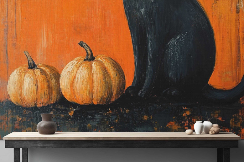 Cute Halloween Witches Cat Canvas Wall Art With Spooky Pumpkin - Perfect For Cat Lovers' Witchy Room DéCor