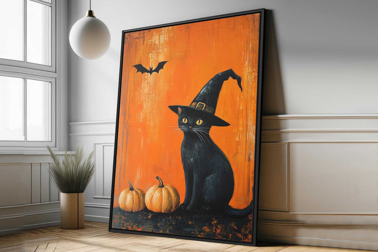 Cute Halloween Witches Cat Canvas Wall Art With Spooky Pumpkin - Perfect For Cat Lovers' Witchy Room DéCor
