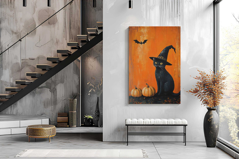 Cute Halloween Witches Cat Canvas Wall Art With Spooky Pumpkin - Perfect For Cat Lovers' Witchy Room DéCor