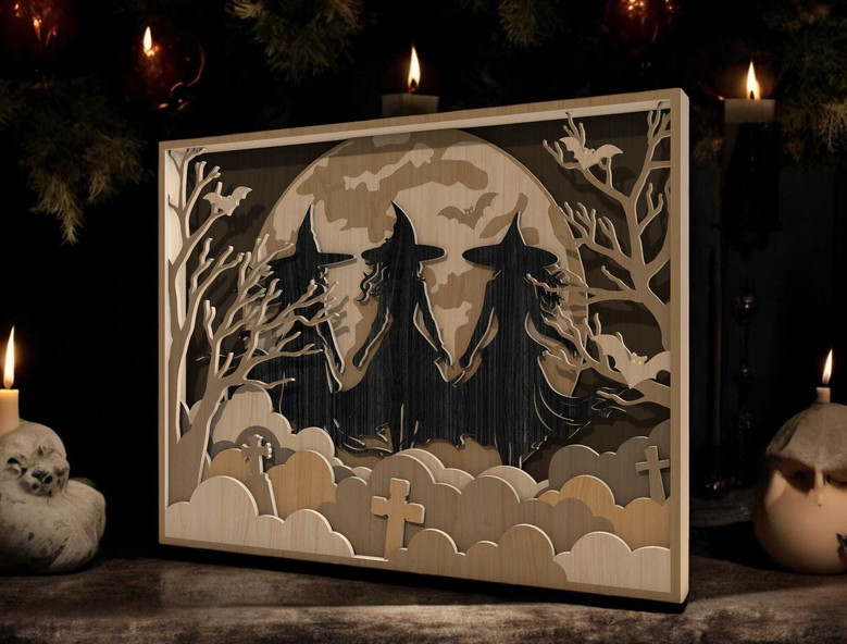 Halloween Witches Wooden Sign - Spooky Decor For Witchy Sisters - Vintage Full Moon & Graveyard Theme
