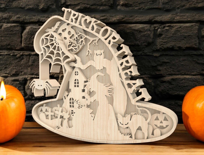 Spooky Halloween Witches Wooden Sign - Trick Or Treat Decor For Fall Display With Ghost, Cat & Spider Elements