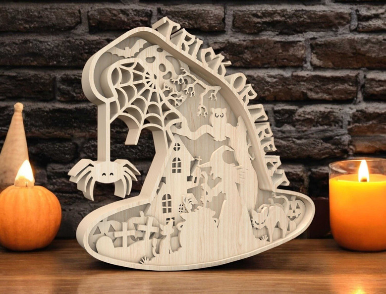 Spooky Halloween Witches Wooden Sign - Trick Or Treat Decor For Fall Display With Ghost, Cat & Spider Elements