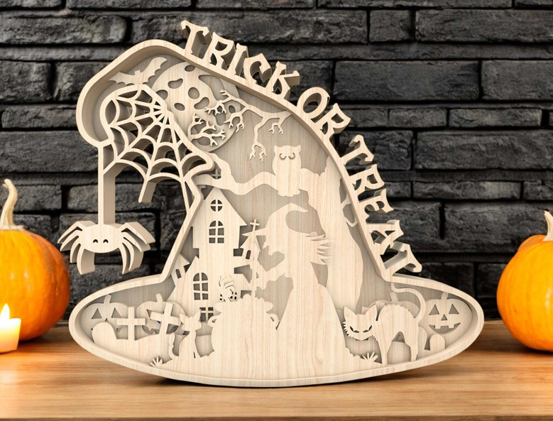 Spooky Halloween Witches Wooden Sign - Trick Or Treat Decor For Fall Display With Ghost, Cat & Spider Elements