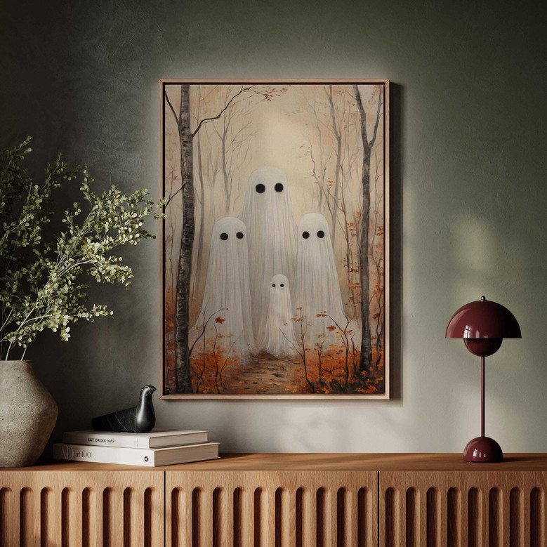 Whimsical ghost family canvas art, personalized with family name, sweet Halloween gift for new parents and nursery decor.