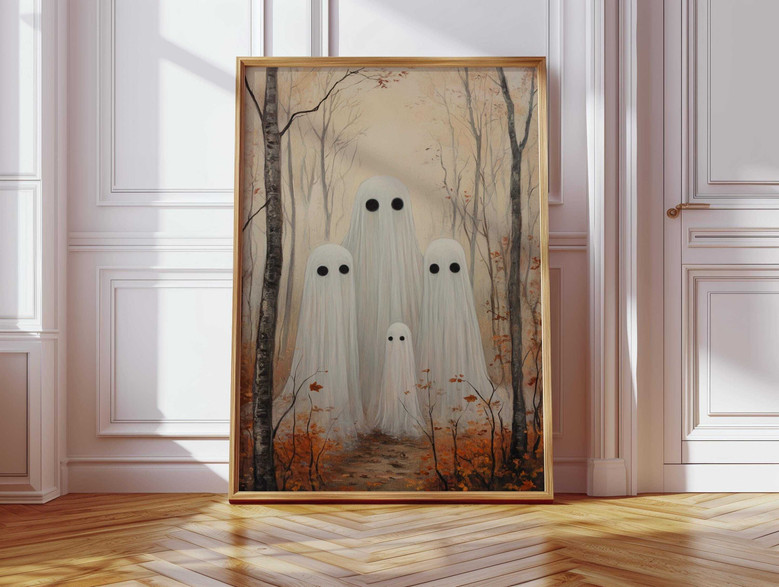 Whimsical ghost family canvas art personalized with custom names, charming Halloween living room wall decor in neutral.