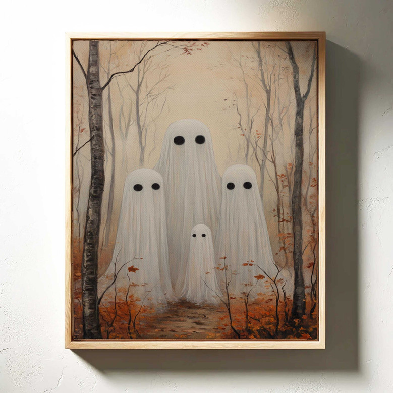 Whimsical ghost family canvas art in landscape style, custom family name, playful Halloween living room wall decor.