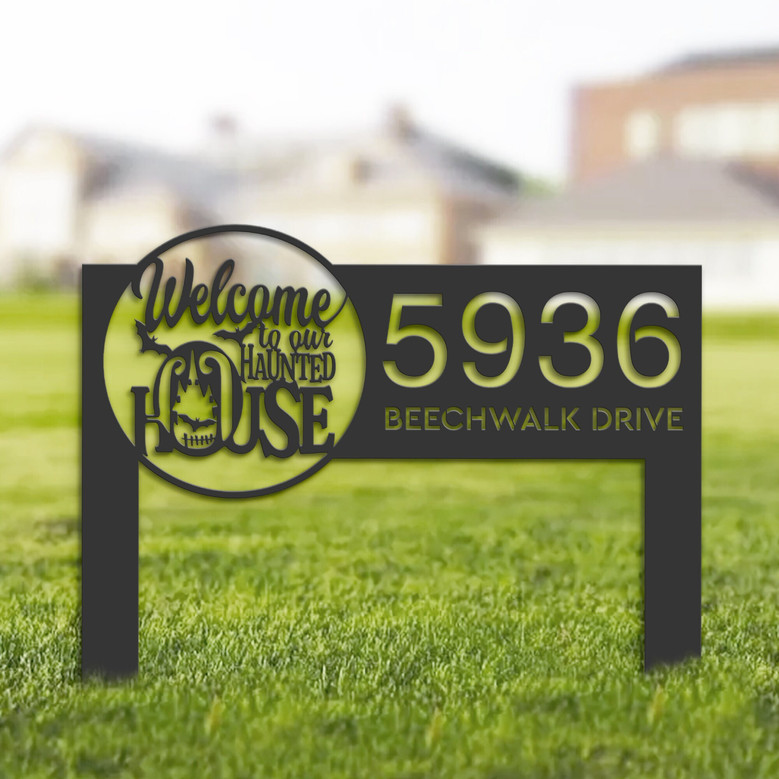 Personalized Halloween Address Metal Sign For Outdoor Decor - Haunted House Theme Garden Stake