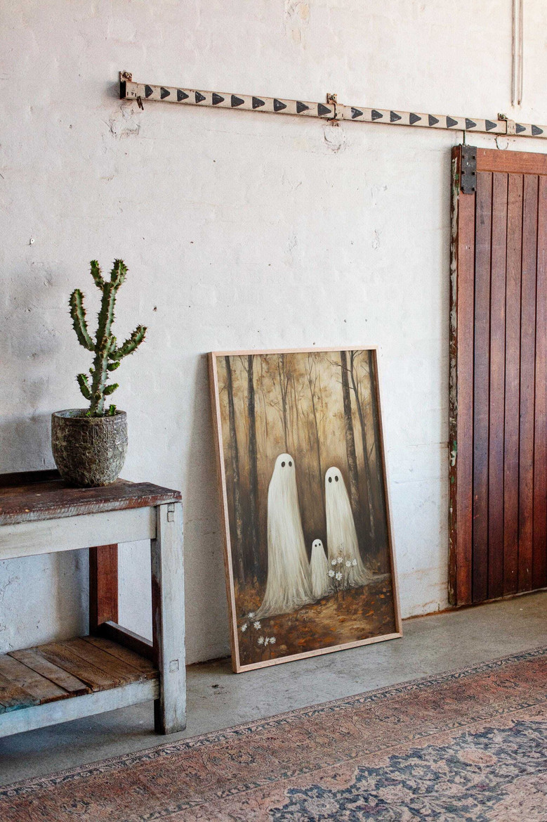 Ghost family canvas art, watercolor style with gentle spirits, daisies, and amber autumn woods, warm tones, landscape layout Ghost family canvas art, watercolor style with gentle spirits, daisies, and amber autumn woods, warm tones, landscape layout