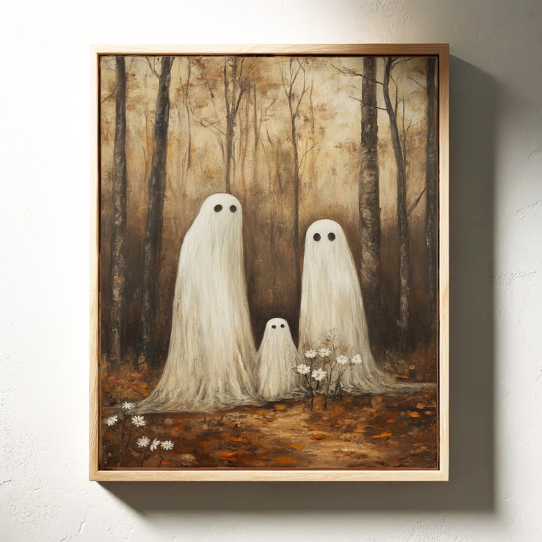 Ghost family canvas art, moonlit autumn forest with daisy accents and soft glow, rustic style, square layout, wall decor Ghost family canvas art, moonlit autumn forest with daisy accents and soft glow, rustic style, square layout, wall decor