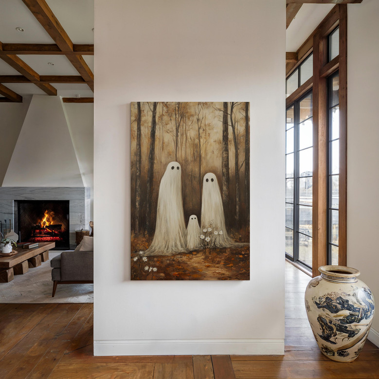 Ghost family canvas art featuring whimsical spirits and daisies in an autumn forest, warm palette, landscape orientation Ghost family canvas art featuring whimsical spirits and daisies in an autumn forest, warm palette, landscape orientation
