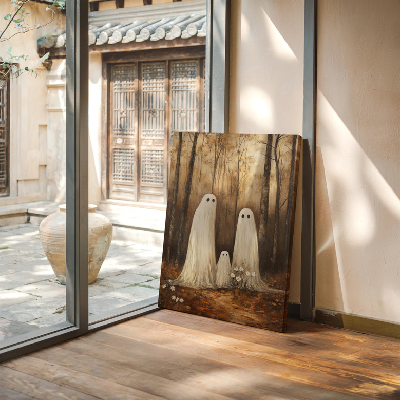 Ghost family canvas art with cute translucent spirits, daisies, and misty autumn woods, cool twilight tones, portrait format Ghost family canvas art with cute translucent spirits, daisies, and misty autumn woods, cool twilight tones, portrait format