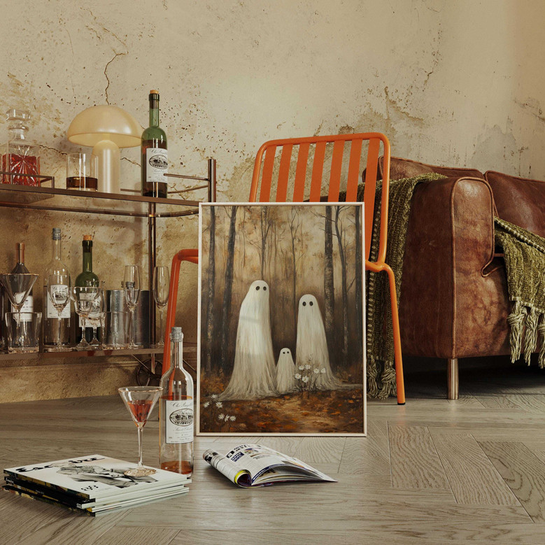 Ghost family canvas art in soft pastels, smiling spirits and daisies among fall woods, entryway Halloween accent, portrait Ghost family canvas art in soft pastels, smiling spirits and daisies among fall woods, entryway Halloween accent, portrait