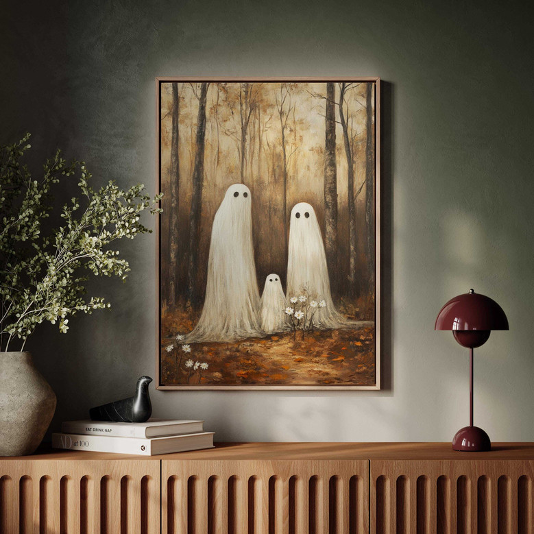 Ghost family canvas art shows playful spirits with daisy blooms in golden-hour autumn trees, boho look, wide landscape format Ghost family canvas art shows playful spirits with daisy blooms in golden-hour autumn trees, boho look, wide landscape format