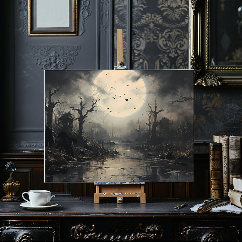 Personalized Moody Moon Halloween Canvas - Witchy Art For Gothic Fans With Flying Bats At Full Moon