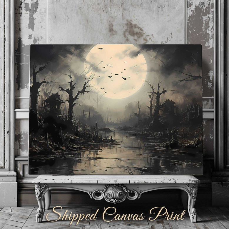 Personalized Moody Moon Halloween Canvas - Witchy Art For Gothic Fans With Flying Bats At Full Moon