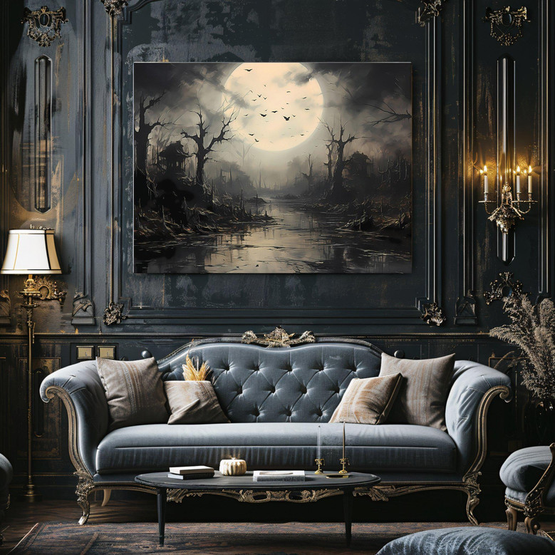 Personalized Moody Moon Halloween Canvas - Witchy Art For Gothic Fans With Flying Bats At Full Moon