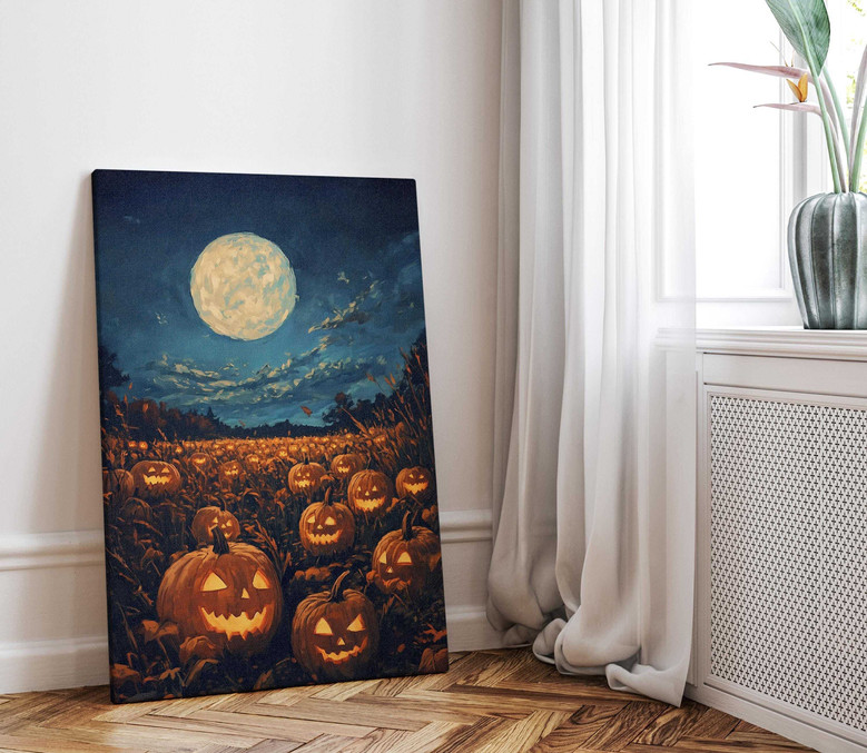 Personalized Mystical Moon Halloween Canvas - Glowing Jack-O-Lanterns Decor For Living Room