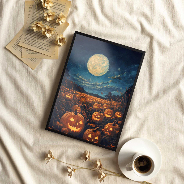 Personalized Mystical Moon Halloween Canvas - Glowing Jack-O-Lanterns Decor For Living Room