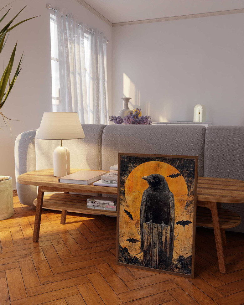 Spooky Moon Halloween Canvas With Raven And Bats - Dark Fantasy Gothic Crow Painting For Halloween Decor