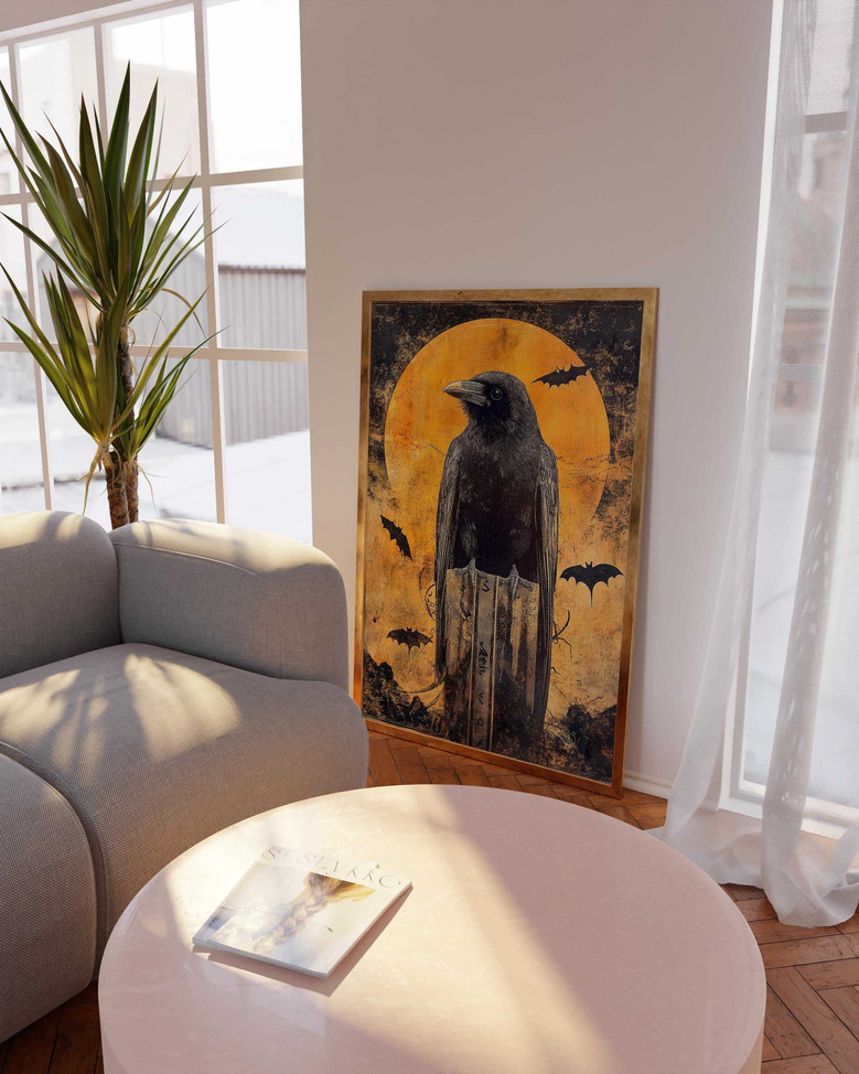 Spooky Moon Halloween Canvas With Raven And Bats - Dark Fantasy Gothic Crow Painting For Halloween Decor