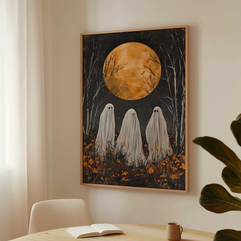 Three Ghosts In Harvest Moon Halloween Canvas For Cottagecore Decor