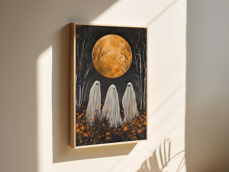 Three Ghosts In Harvest Moon Halloween Canvas For Cottagecore Decor
