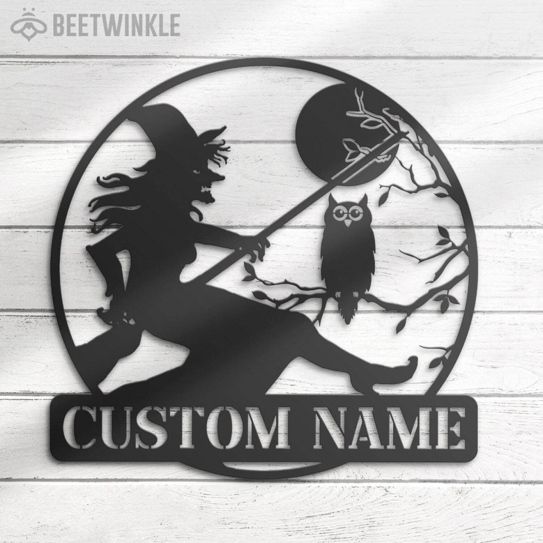 Custom Witch & Owl LED Metal Sign - Personalized Moon Halloween Decor For Spooky Home Vibes