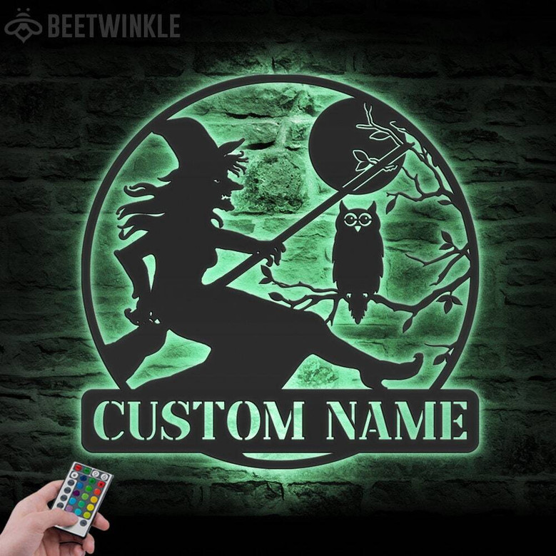 Custom Witch & Owl LED Metal Sign - Personalized Moon Halloween Decor For Spooky Home Vibes