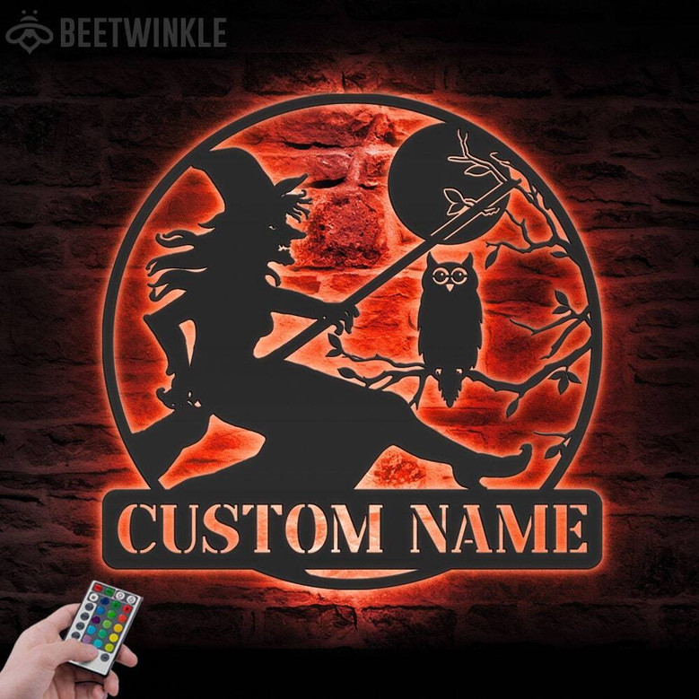 Custom Witch & Owl LED Metal Sign - Personalized Moon Halloween Decor For Spooky Home Vibes