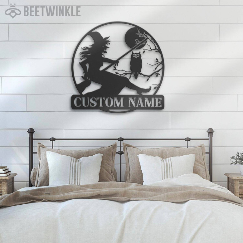 Custom Witch & Owl LED Metal Sign - Personalized Moon Halloween Decor For Spooky Home Vibes