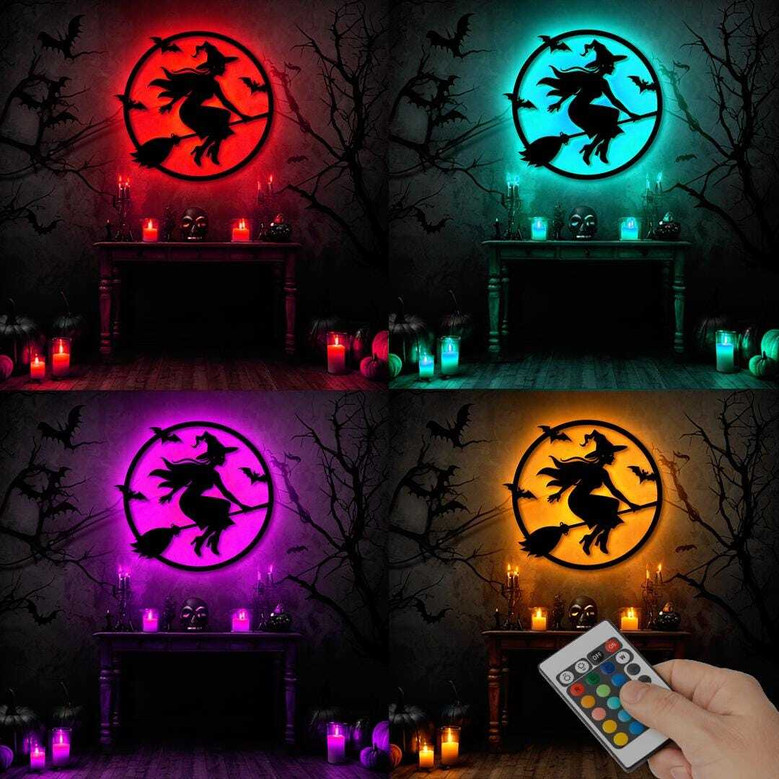 Spooky Moon Halloween Metal Sign - Flying Witch LED Neon Decor For Halloween
