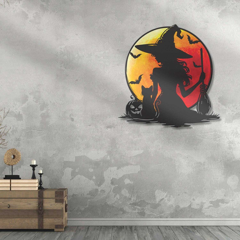 Moon Halloween Witch And Cat Metal Sign - Indoor Blood Moon Decor For Halloween Birthday
