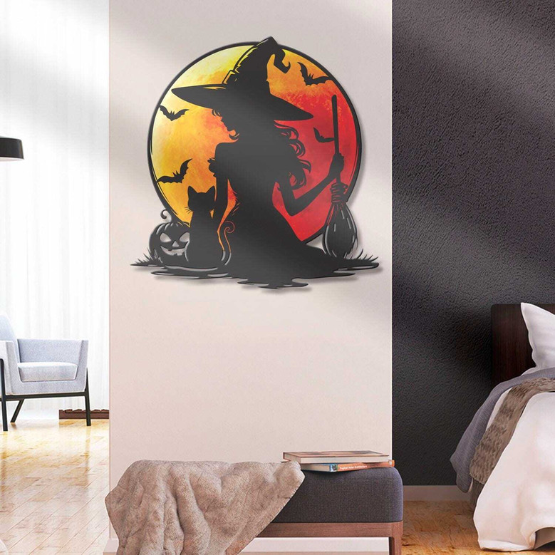 Moon Halloween Witch And Cat Metal Sign With LED Light - Indoor Blood Moon Decor For Halloween Birthday