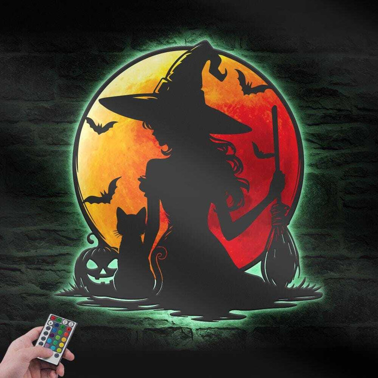 Moon Halloween Witch And Cat Metal Sign With LED Light - Indoor Blood Moon Decor For Halloween Birthday