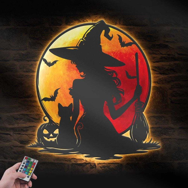 Moon Halloween Witch And Cat Metal Sign With LED Light - Indoor Blood Moon Decor For Halloween Birthday