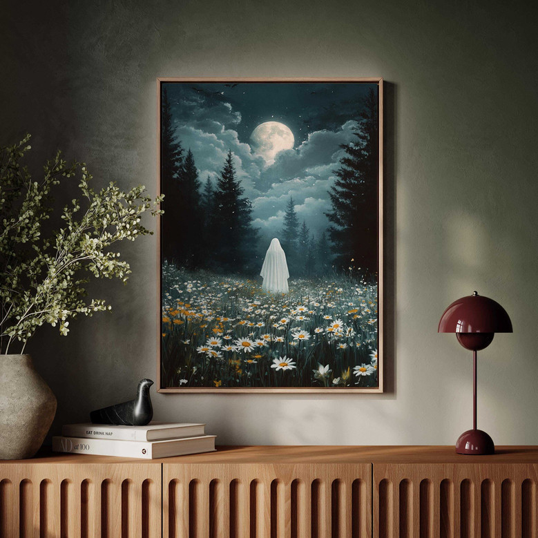 Mystical Moon Halloween Canvas Art For Living Room - Haunted Forest Scene With Full Moon And Wildflowers, Perfect For Halloween Spirit