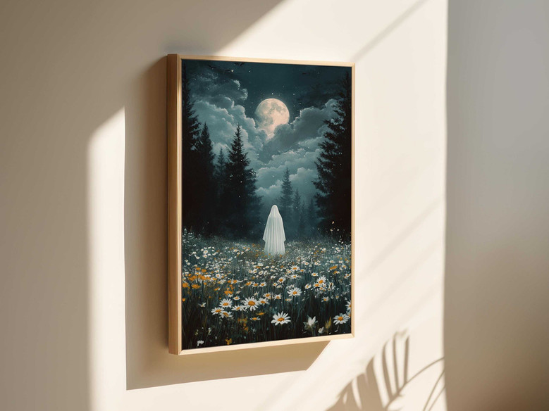 Mystical Moon Halloween Canvas Art For Living Room - Haunted Forest Scene With Full Moon And Wildflowers, Perfect For Halloween Spirit